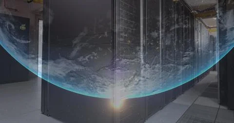 Image of rotating globe and lens flare over server room in background Stock Photos