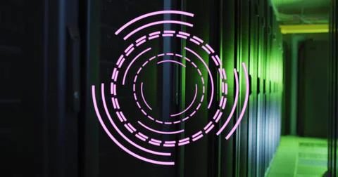 Image of rotating pink circular scanner processing over dark server room 스톡 일러스트