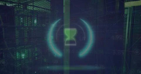 Image of rotating scanner over data processing in green and black space Stock Photos