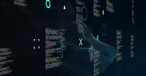 Image of rotating shapes and network wave over data processing on black 写真素材