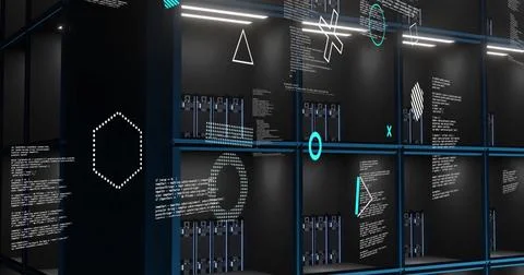Image of rotating shapes and text data files processing over dark computer Stock Photos