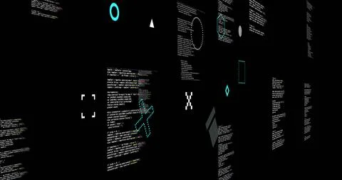 Image of rotating shapes over text data files processing on black background Foto stock