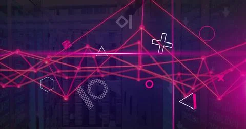 Image of rotating shapes processing data over glowing red network on dark Stock Photos