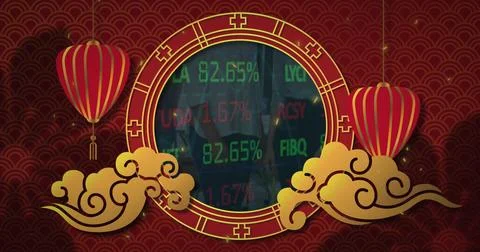 Image of round frame with oriental lanterns over data processing Stock Photos