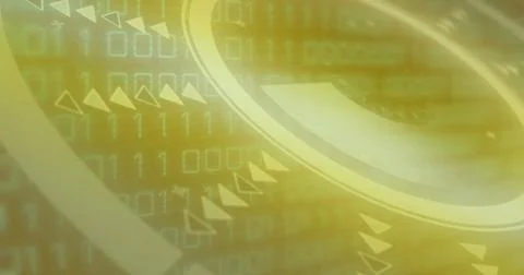 Image of round scanner and binary coding data processing against yellow Stock Photos