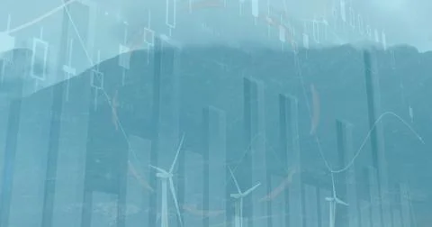 Image of round scanner and data processing over spinning windmills on grassland Stock Illustration