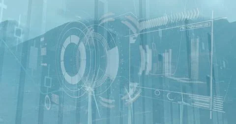 Image of round scanner and data processing over spinning windmills on grassland Stock Illustration