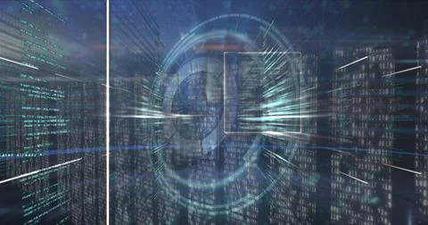 Image of round scanner and data processing over multiple screens of mosaic Illustrazione stock