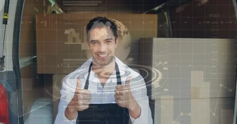 Image of round scanner and data processing over caucasian delivery man showing Stockfoto's