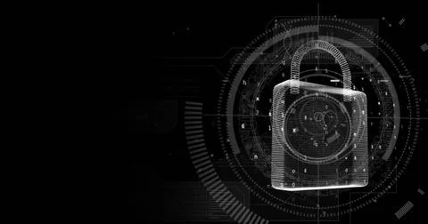 Image of round scanner and data processing over security padlock icon again.. Stock Photos