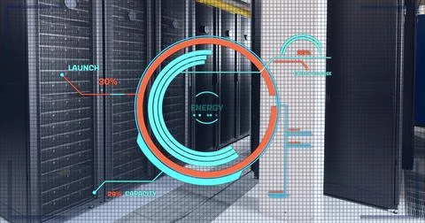 Image of round scanner and data processing against computer server room Stock Photos