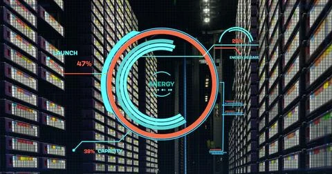 Image of round scanner and data processing against computer server room Stock Photos