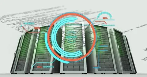 Image of round scanner and data processing over computer servers against white Foto stock