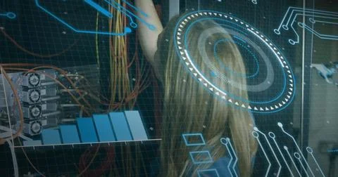 Image of round scanner and data processing over caucasian female engineer Stockfoto's