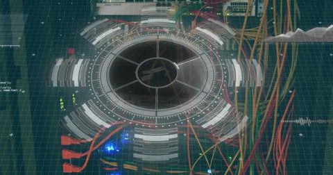 Image of round scanner and data processing over close up of a computer server Foto stock