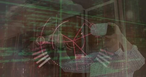 Image of round scanner and data processing over caucasian man wearing vr headset Stock Photos