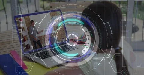 Image of round scanner and data processing over rear view of girl having a image 写真素材