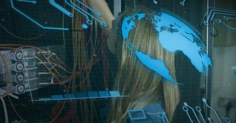 Image of round scanner and data processing over caucasian female engineer Stock Photos