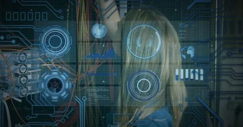 Image of round scanner and data processing over caucasian female engineer Stock Photos