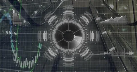 Image of round scanner and financial data processing against escalator Stock Illustration