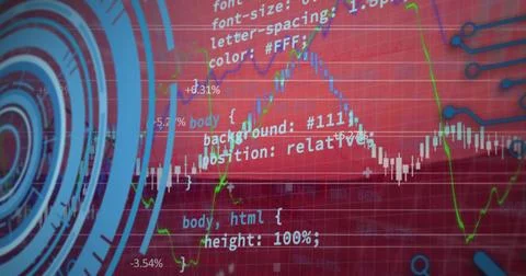Image of round scanner and financial data processing against red background 스톡 일러스트