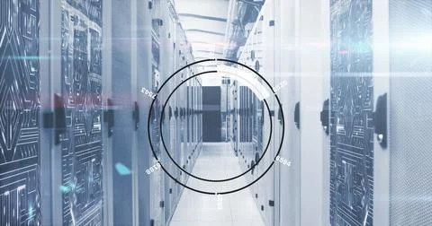 Image of round scanner and microprocessor connections against computer server 스톡 일러스트