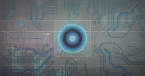 Image of round scanner and microprocessor connections against aerial view o.. 写真素材