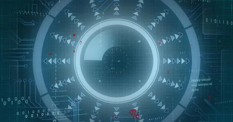 Image of round scanner and microprocessor connections against blue background Stockfoto's