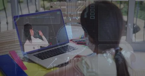 Image of round scanner and microprocessor connections against girl having a 스톡 사진
