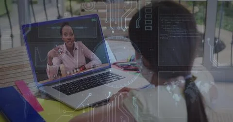 Image of round scanner and microprocessor connections against girl having a 写真素材