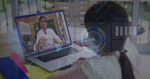 Image of round scanner and microprocessor connections against girl having a 写真素材