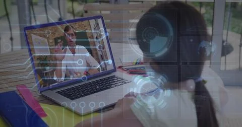 Image of round scanner and microprocessor connections against girl having a 스톡 사진