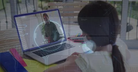 Image of round scanner and microprocessor connections against girl having a Stockfoto's