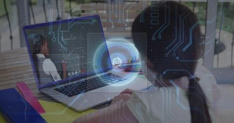 Image of round scanner and microprocessor connections against girl having a 写真素材