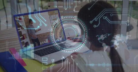 Image of round scanner and microprocessor connections against girl having a 스톡 사진