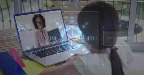 Image of round scanner and microprocessor connections against girl having a Stockfoto's