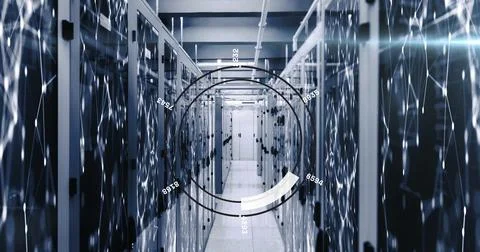 Image of round scanner and network of connections against computer server room Stock Illustration