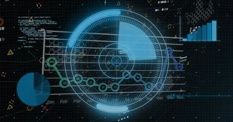 Image of round scanner and statistical data processing against black background Stock Illustration