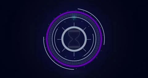 Image of round scanner and statistical data processing against purple gradi.. Foto stock
