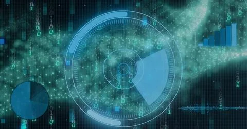 Image of round scanner and statistical data processing over digital wave and 写真素材