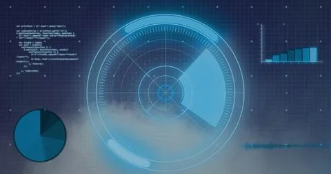 Image of round scanner and statistical data processing over grid network against Stock Photos