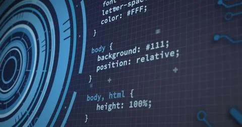 Image of round scanner, data processing and microprocessor connections on blue Stock Illustration