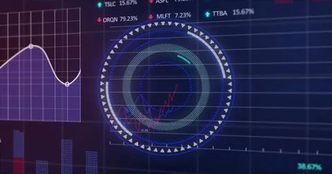Image of round scanner over stock market data processing against blue background Stock Illustration