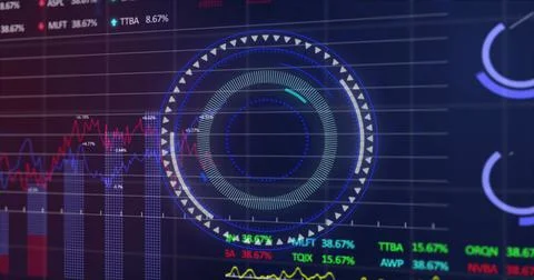 Image of round scanner over stock market data processing against blue background Stock Illustration