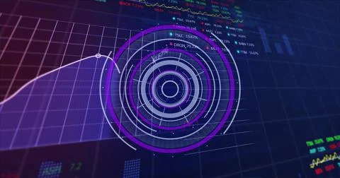 Image of round scanner over stock market data processing against blue background Stock Illustration
