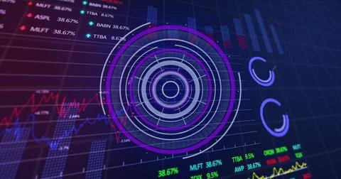Image of round scanner over stock market data processing against blue background Stock Illustration
