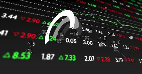 Image of round scanner over stock market data processing against black Stock Illustration