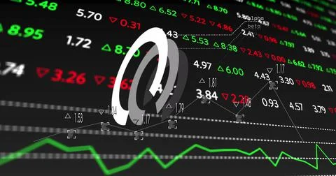 Image of round scanner over stock market data processing against black Stock Illustration