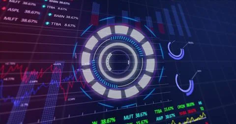 Image of round scanner spinning over statistical and stock market data proc.. Stock Photos