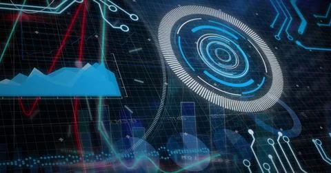 Image of round scanner, statistical data processing and microprocessor Illustrazione stock